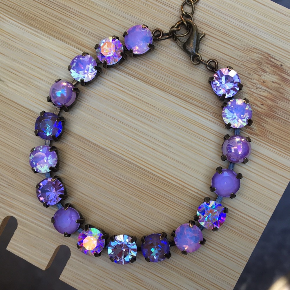 Amethyst, Violet, + iridescent Purple Opal Antique Brass Crystal Tennis Bracelet - Picture 13 of 17